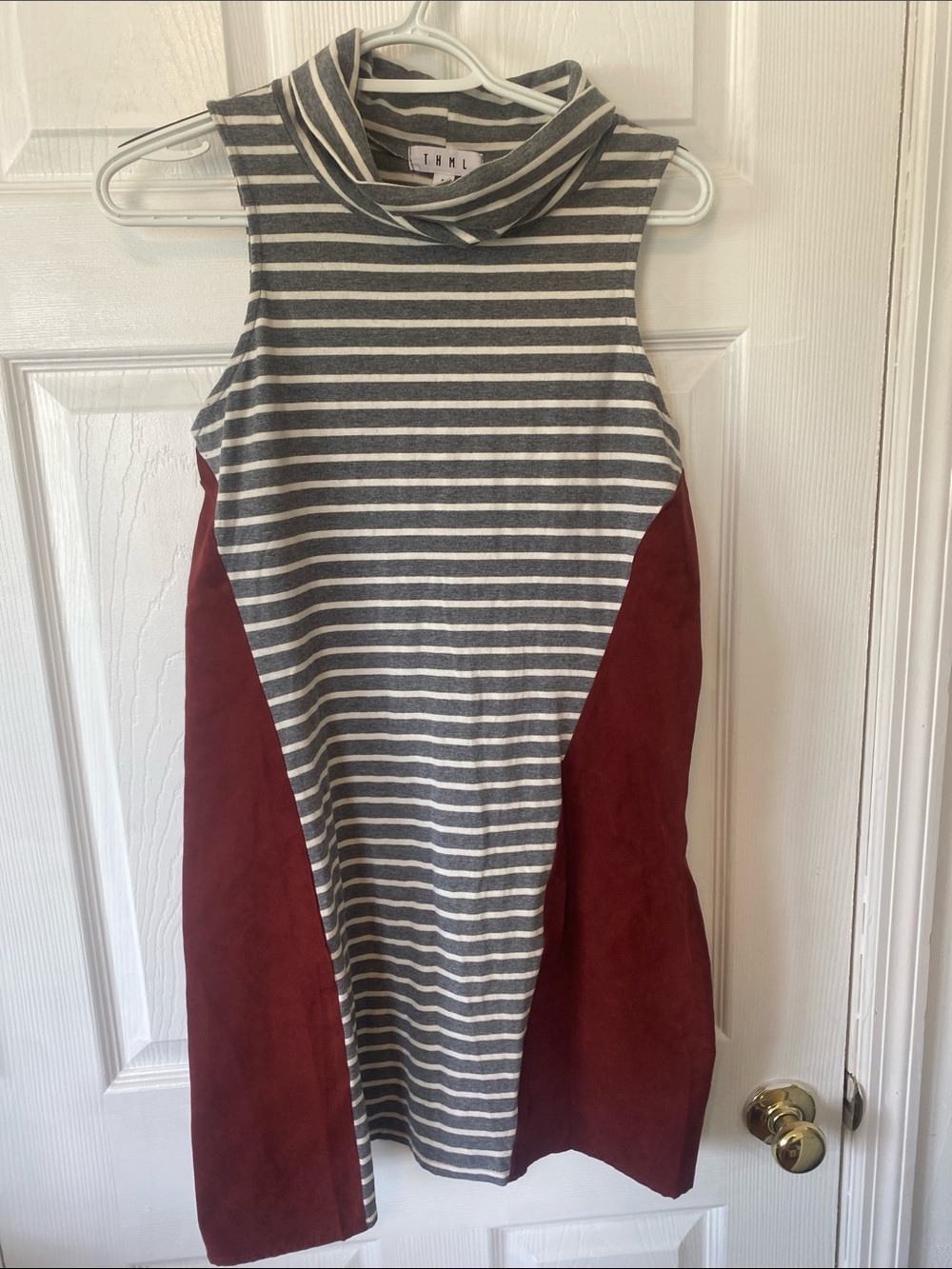 THML Gray & White Striped Mini Dress with Burgundy Panels